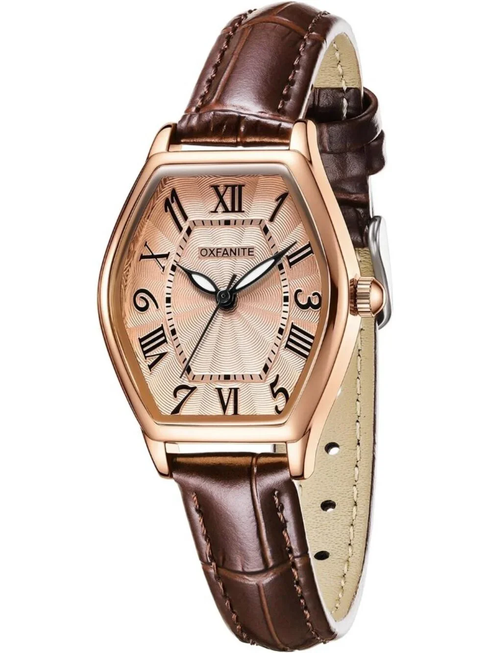 Women's Brown And Black Analog Leather Band Elegant Barrel-Shaped Classic Watch